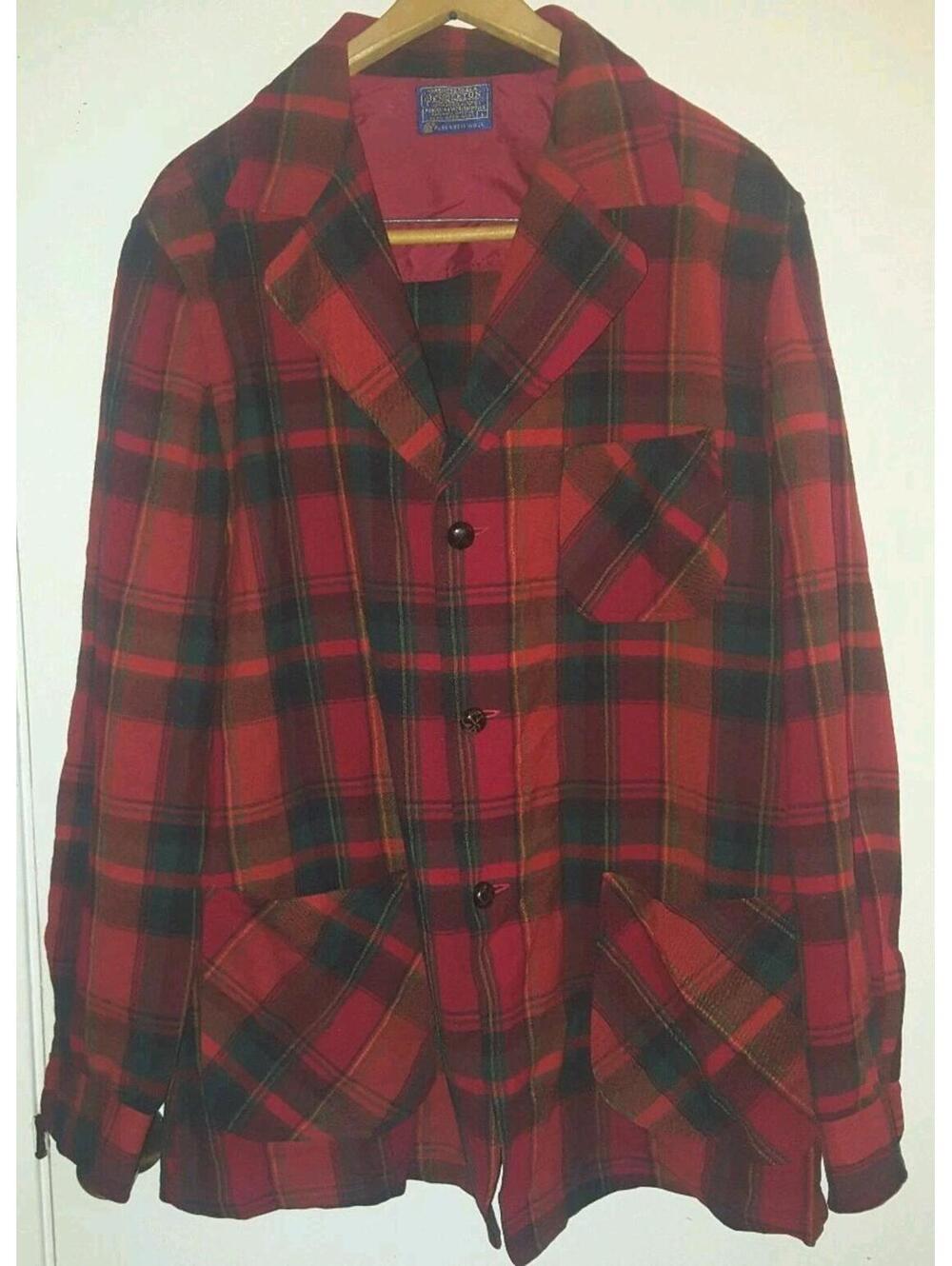 Vintage Pendleton Woolen Mills Red Plaid Hunting Field Jacket Blazer Wool L 70s